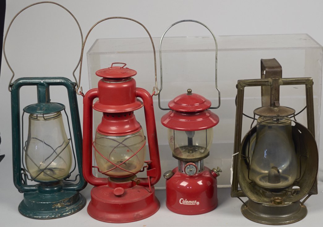 Lot of 4 Early Railroad Lanterns:: Lot of 4 Early Railroad Lanterns: 1 - Green Paul's No. O Pat. 1890-1903, 1 - Red Embury MFG. Co. Supreme No. 160, 1 - Red Coleman Model 200A & 1 - Dietz Acme Inspector Lamp