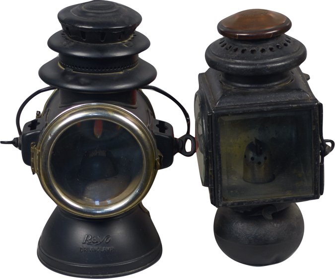 Lot of 2 Early Automobile Driving Gas Lamps:: Lot of 2 Early Automobile Driving Gas Lamps: 1 - RayO Driving Lamp & 1 - E&J Model 32 Detroit, Both complete