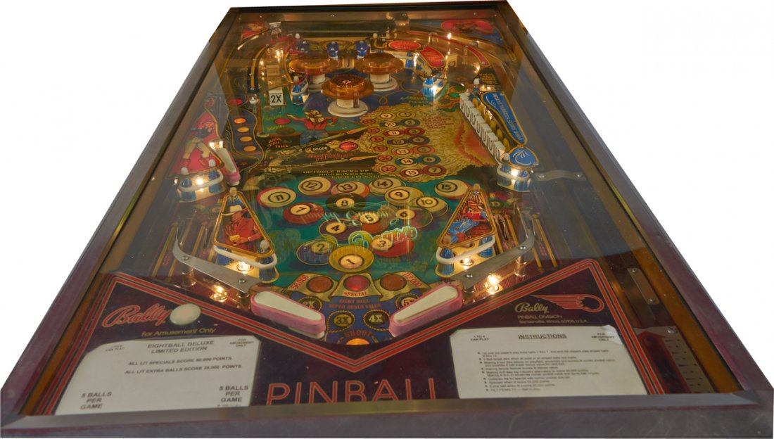 25 Cent Bally Eight Ball Deluxe Pinball Arcade Machine: 25 Cent Bally Eight Ball Deluxe Limited Edition Pinball Floor Arcade Machine c1982, Western theme art by Margaret Hudson w/ key
