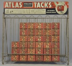 Atlas Tacks Store Countertop Metal Wire Display Rack: Atlas Tacks Store Countertop Metal Wire Display Rack w/ "Shaker" Boxes of Tacks in Original Packaging, Has size chart & types of tacks/nails graphics on tin display top sign - 18" x 9" x 17"h
