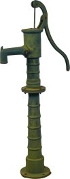 Early Green Cast-Iron Water Pump: Early Green Cast-Iron Water Pump on Wood Base - 55"h