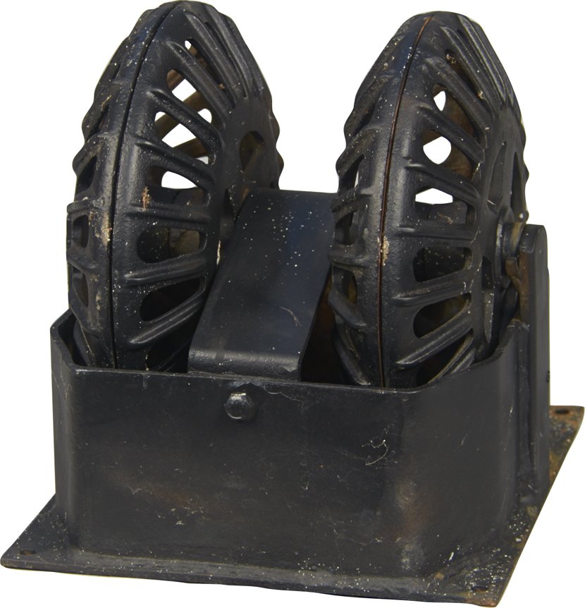 Lot of 2 Early Cast-Iron Hog Oilers:: Lot of 2 Early Cast-Iron Hog Oilers: 1 - Durbin-Durco Inc. St. Louis, Mo. wheel-type - 11" x 10" x 11"h & 1 - Columbian Hog Oiler watermelon-type w/ green base - 20" x 10" x 16"h