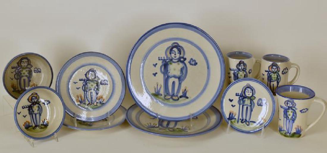 Collection Of M A Hadley Farmer Painted Pottery: Consisting 10 Painted Pieces Of Pottery With A Farmer And A Rake. There Are 2 Coffee Mugs (1 Has A Kiln Crack On The Handle), 2 Cereal Bowl 5.5" Across And 2" Deep, 1 Bread Place 6", 2 Salad Plates 8"