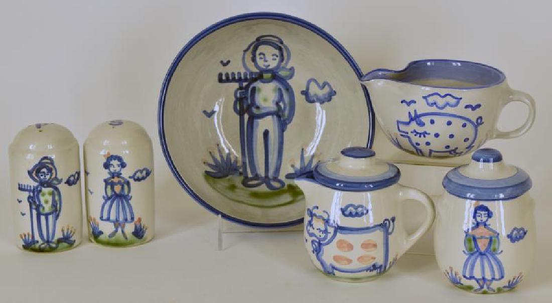 Collection Of M A Hadley Pottery: Consisting Of 8 Pieces, One Serving Bowl With Farmer And Rake Measures 8"x51/2", One Cream Pitcher With Cow 3"x4", One Sugar Bowl With Lady Measures 3"x4", On 3" Lid, One Gravy Boat With Pig 5"x3-1/2"