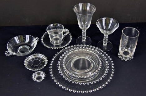 Imperial Candlewick Dinner Service: Consisting Of Eight Place Setting And Eleven Pieces Per Place Setting, 88 Pieces Total. Includes 8 Dinner Plates 10-1/2", All Good, 8 Salad Plates 8.1/4" All Good, 8 Open Salts 2" Across And .5" Tall,