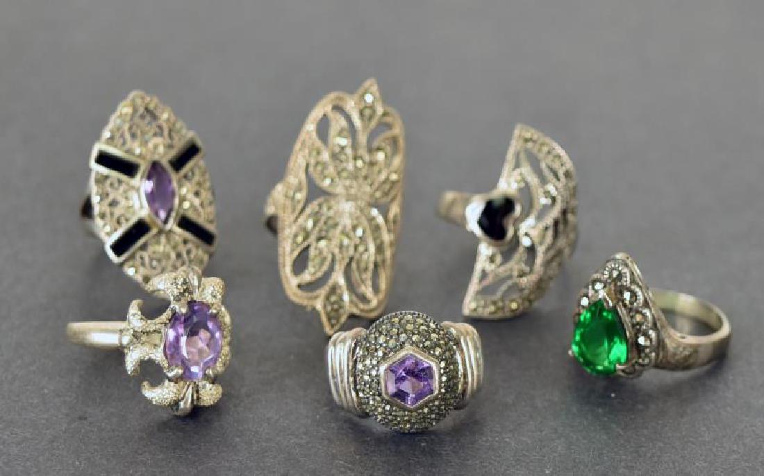 Group Of Sterling & Marcasite Rings: Consisting Of Six Rings, All Marked Sterling With Marcasite, With Amethyst, Onyx And Other Stones Or Glass.