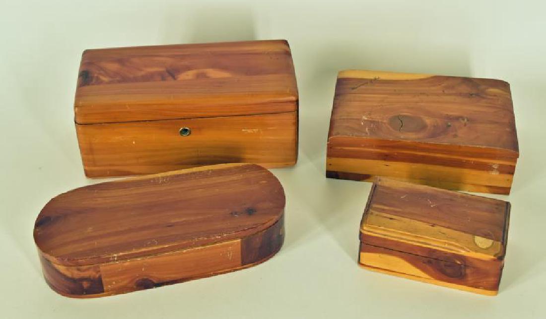 Collection Of Vintage Jewelry Boxes: Consists Of 4 Boxes, One Miniature Cedar Chest, Measures 5x2, One Lane Cedar Chest Of Alta Vista, Va, Cohen Furniture Co, Measures 9x4, One Lake Of The Ozark Box Measures 9x2, And One Box Has Universi