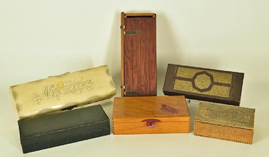 Collection Of Vintage Jewelry Boxes: Consisting Of Six Boxes, One Hose Box Measuring 5x2x7, One Glove Box Measuring 5x2x9-1/2, Bottom Of Box Is Broken, One Wooden Box With Leather Straps Measures 12-1/2x2x5, Good Condition , 1930"s Neckt