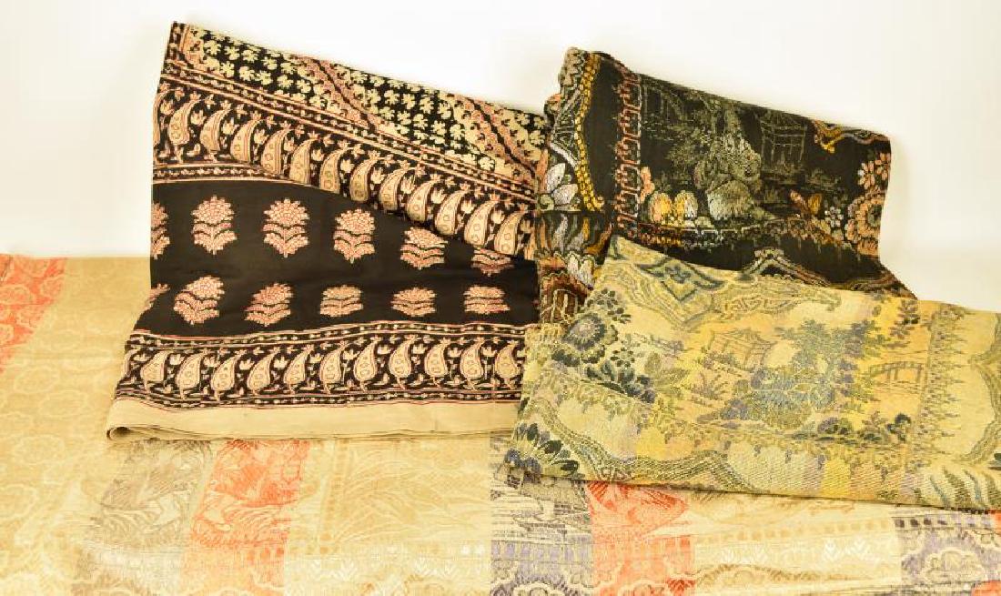 Collection Of Vintage Asian Textiles: Consisting Of One Tablecloth, With Oriental Background, Measures 62x82 Well Worn, 2 Black And Gold Throws, Measure 47x24 And One Large Black And Red Tablecloth Measuring 10"2"x 88". Looks To Be In Goo