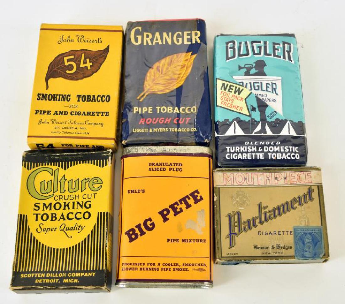 Collection Of Vintage Pocket Tobacco: Consisting Of A Big Pete Pocket Tin, A Granger, Bugler, John Weisert's 55, Culture Crush Cut And A Parliament Cardboard Tobacco Box.