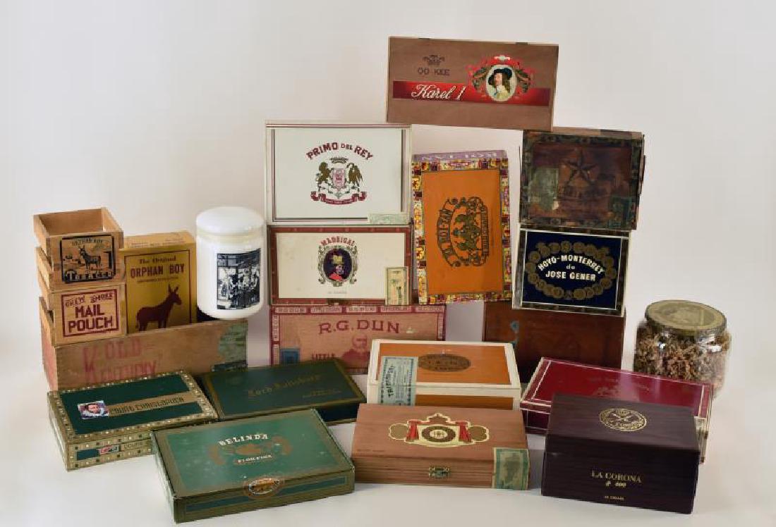 Collection Of Wood Cigar Boxes: Consisting Of Fifteen Or More Boxes, Including A Glass Humidor And A Glass Tobacco Jar.