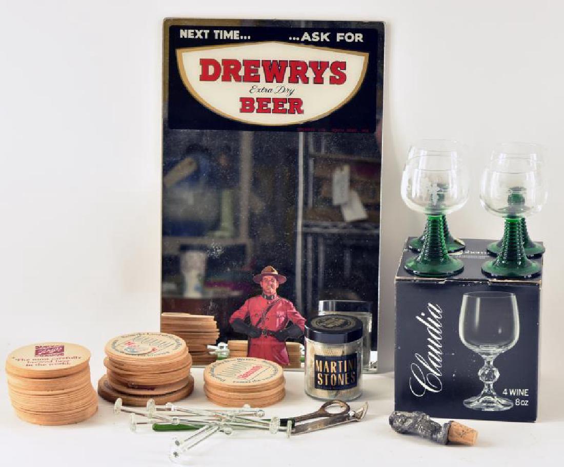 Collection Of Bar Ware: Consisting Of A Large Collection Of Hamm's Beer Coasters, Schiltz Beer And Haufbrau Coasters, One Drewerys Beer Mirror 16x10, Eight Clear Stirrers And One Green Stirrers, Four Crystal Bohemia Wine Gla