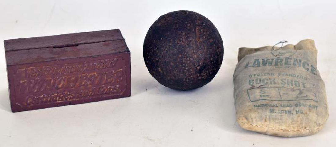 Winchester Cast Iron Bank: Together With A Civil War Cannon Ball And A 5 Pound Bag Of Buck Shot By Lawrence Western Standard.