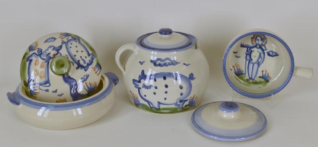 Collection Of M A Hadley Pottery: Consisting Of 4 Pieces. One Pig Pitcher With Lid Measures 6"x6", Lid Has Small Nic, One Pig Serving Bowl With Lid, Measures 9"x3", One Farmer Serving Bowl Measures 7"x3" And One Lid Measures 6". All I
