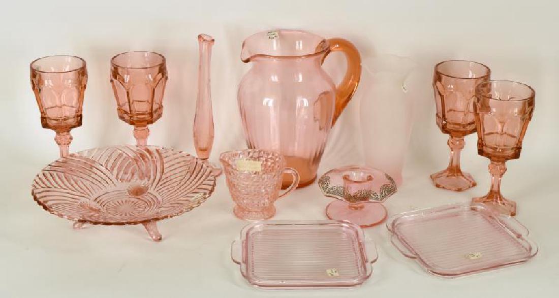 Collection Of Pink Depression Glass: Consisting Of One Buttons And Bows Creamer Measures 3"x4" No Chips Or Cracks, One Cambridge Pitcher Measures 9" Tall, No Chips Or Cracks, One Candle Holder Measures 3"x4" No Chips Or Cracks,two Small 