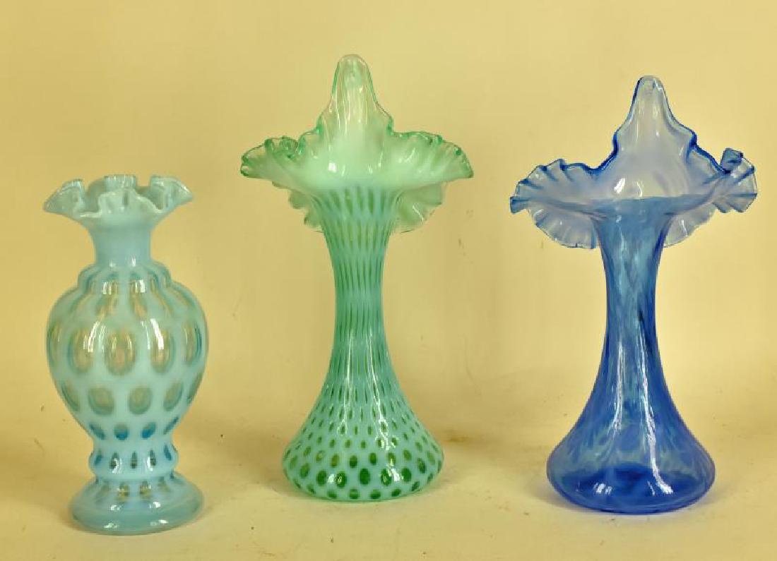 Collection Of Jack In The Pulpit Vases: Consisting Of One 10" Iridescent Blue Fern & Daisy Pattern, One 8" Blue Thumbprint Vase And One 11" Iridescent Green With Diamond Pattern, All In Excellent Condition