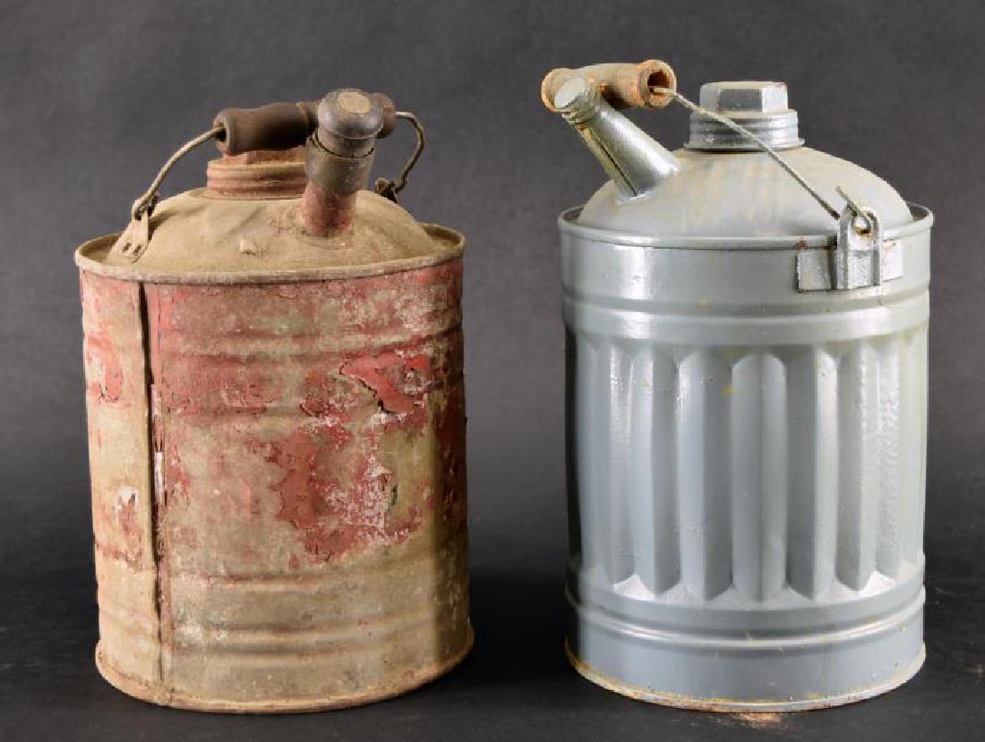 Two Vintage Oil Cans: Featuring A Wood Bail Handles, One Gallon Size