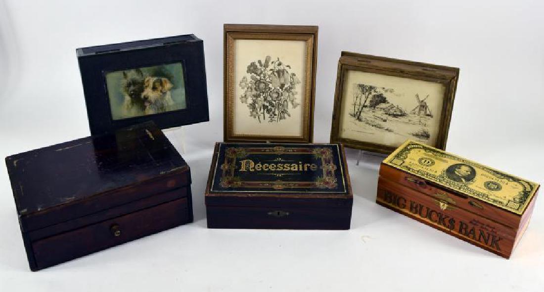 Group Of Vintage Jewelry And Dresser Boxes: Consisting Of A Jewelry Box With A Cottage Scene, Floral Design, Dogs, Wood And A Cedar Box And A French Pecessairl Box