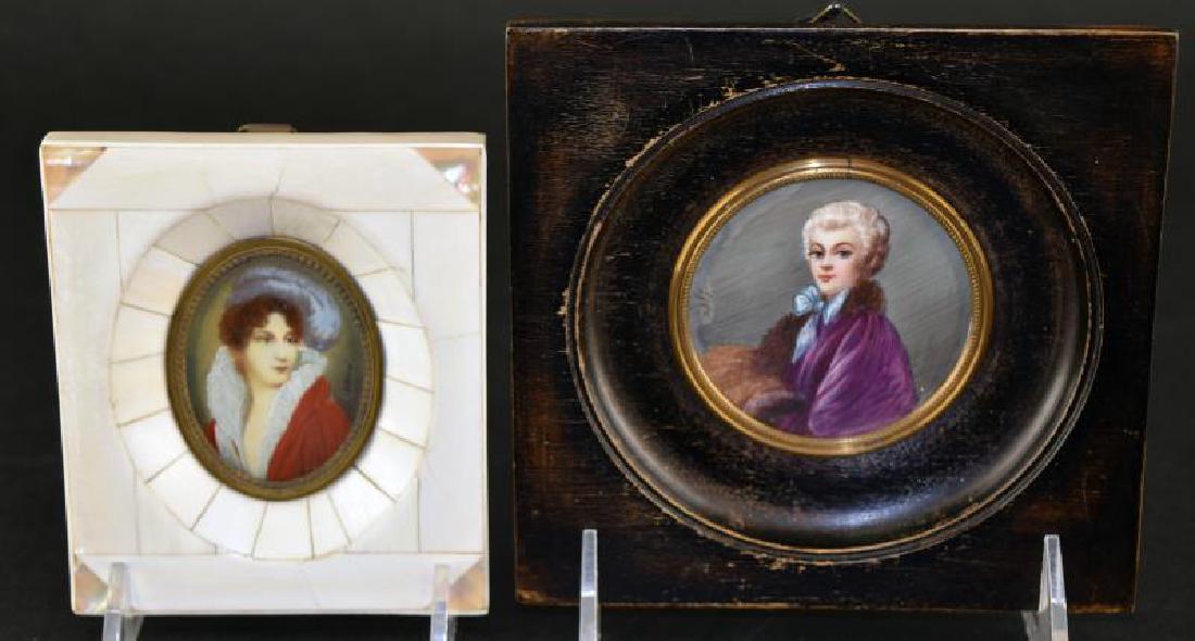 Painted Minature Portraits: Both Paintings Are Women. The Woman In Purple Measures 5" Square, The Woman In Red Is In A Bone And Abalone Frame 4"x3.5"