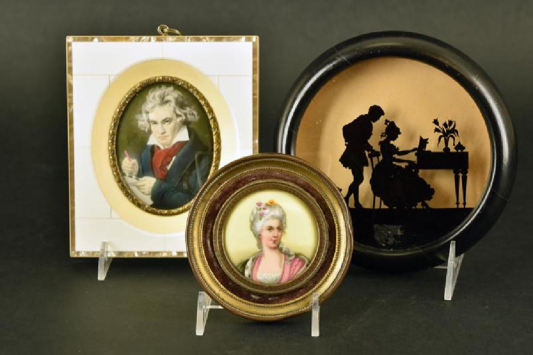 Vintage Silhouette And Portraits: The Silhouette Measure 6" Across, The Beethouven Portrait Is A Print In A Abalone And Celluloid Frame 5"x5.5", The Painted Portrait Is On China Measuring 4" Round
