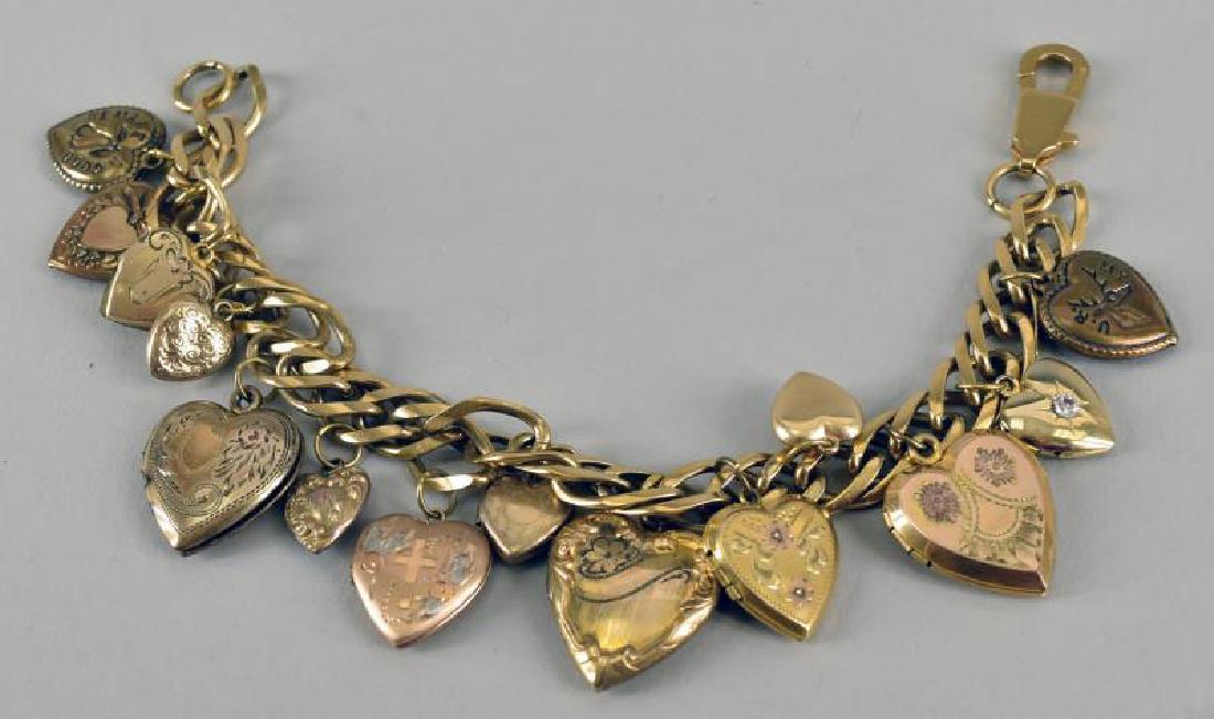 Victorian Gold Filled Heart Bracelet: Consisting Of A Goldtone Chunky Bracelet Marked Hong Kong With 14 Gold Filled Lockets, Most Are Marked 1/20 14k Gf.