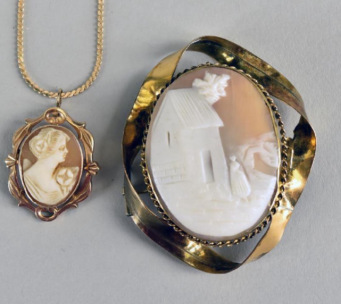 Victorian Cameo's: Consisting Of A Large Pin With A Carved Cottage Scene 2.25"x2". Together With A Pendant/pin Cameo On A Chain. No Hallmarks