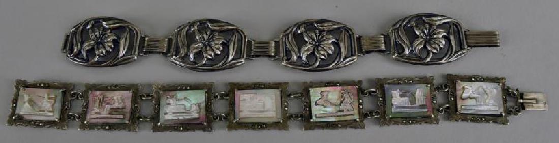 Danecraft Sterling Bracelet: The Danecraft Is Decorated With Lillies, Measuring 6.25" Long And 1" Wide, Together With A Marcasite And Carved Abalone Aztec Bracelet, Unmarked Measuring 8" Long And .75" Wide