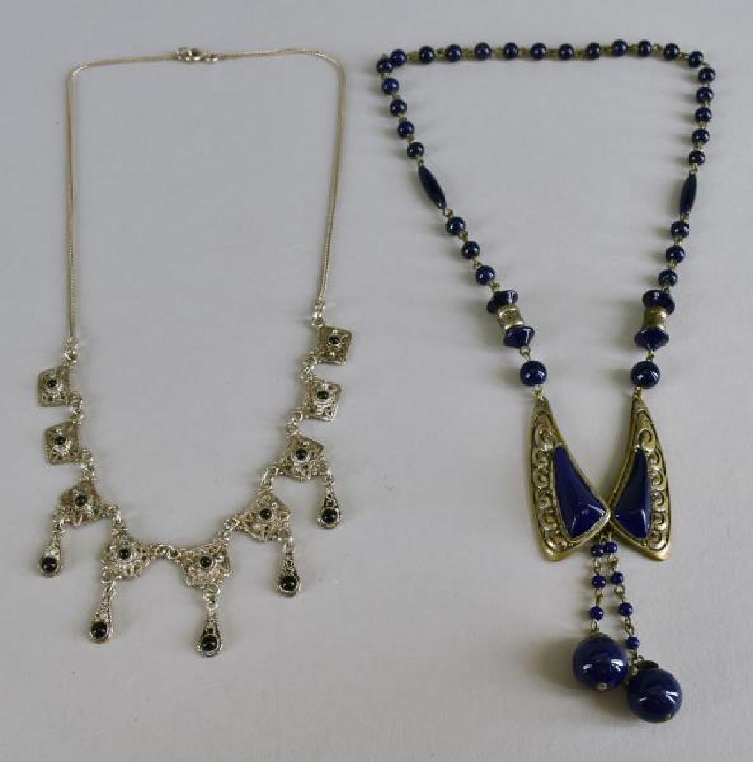 Sterling Silver And Blue Onyx Necklace: Together With A Victorian Silvertone And Blue Choker Necklace. Both Necklaces Approx 16"