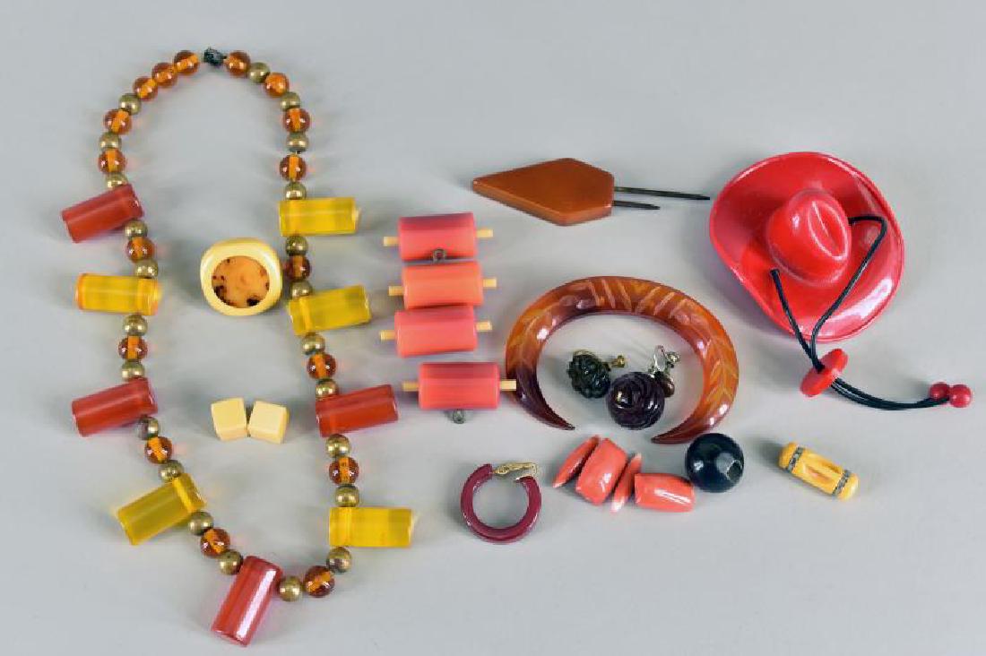 Group Of Acrylic And Bakelite Jewelry: Consisting Of An Acrylic Pin, Necklace, Buttons, Cowboy Hat. Together With Pieces Of Bakelite Earrings, Buttons, Squares And Parts