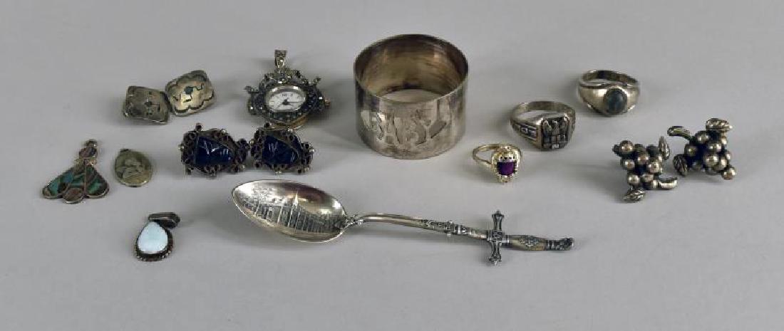 Group Of Sterling Silver: Consisting Of A Washington Mt Vernon Masonic Souvenir Spoon, Mexico Silver Onyx Earrings,(just Marked Silver), Grape Cluster Earring Also Just Marked Silver. Also Three Sterling Silver Rings, Sterling