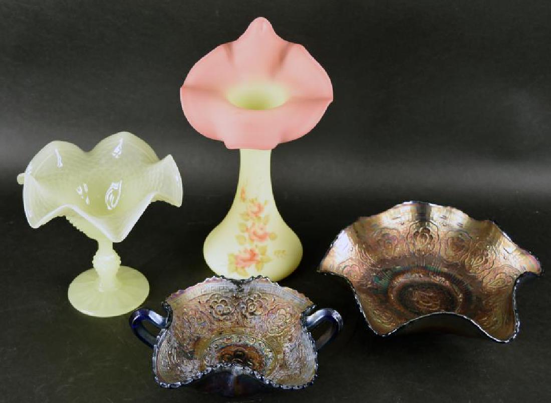 Group Of Fenton Glassware: Consisting Of Two Pieces Of Fenton Persian Medallion Blue Carnival Glass, A Small Double Handle Nappy And A Bowl, Both Have No Nicks, C Hips Or Cracks. Together With A Fenton Jack In The Pulpit Hand P
