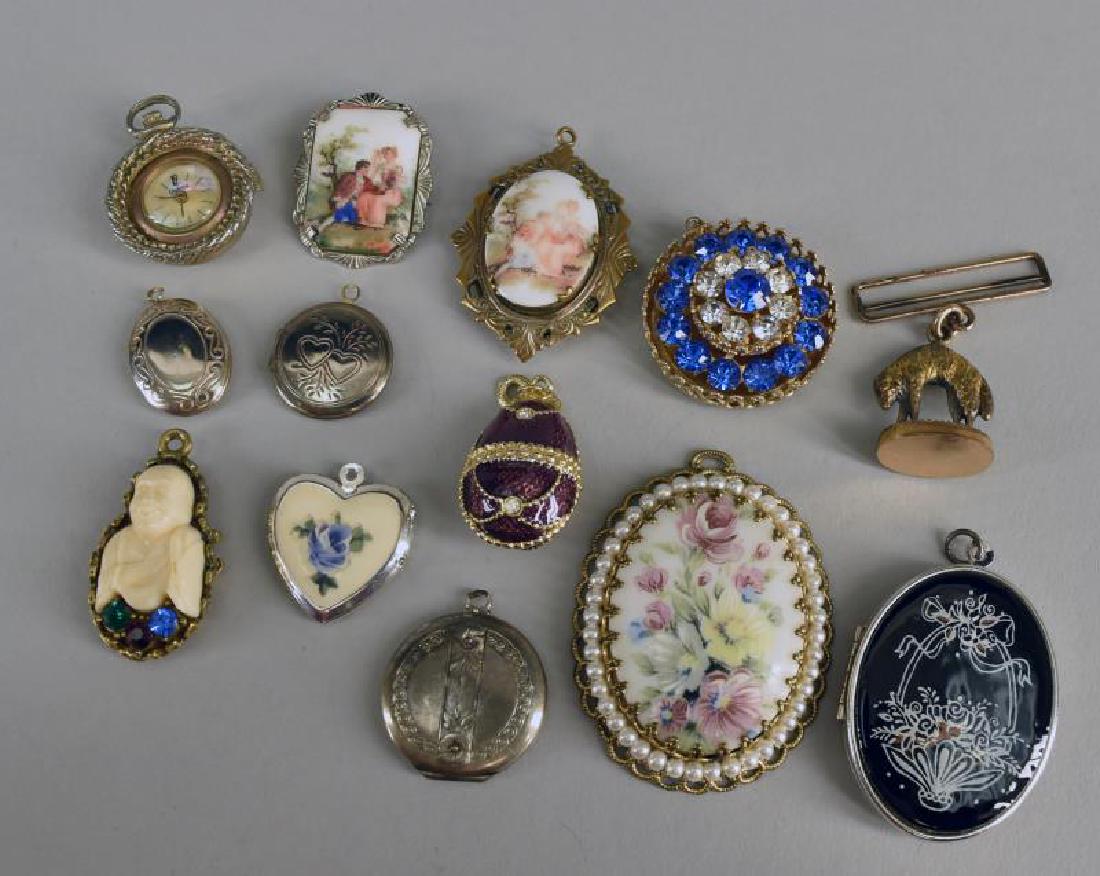 Collection Of Lockets And Pendants: Consisting Of Six Lockets, Coro Blue Rhinestone Pendant, Painted Pendant And Pin, And Other Pendants And Sheep Fob.