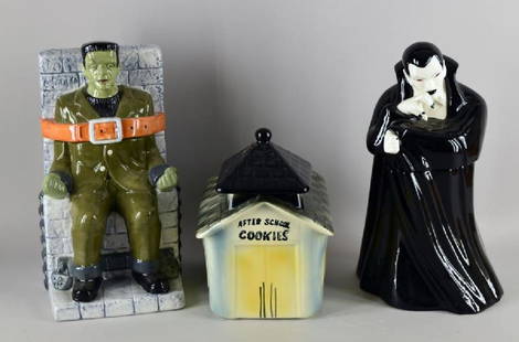 Treasure Craft Halloween Cookie Jars: Consisting Of A Frankenstein Limited Edition Cookie Jar And A Dracula Limited Edition Cookie Jar. Together With A School House Cookie Jar.