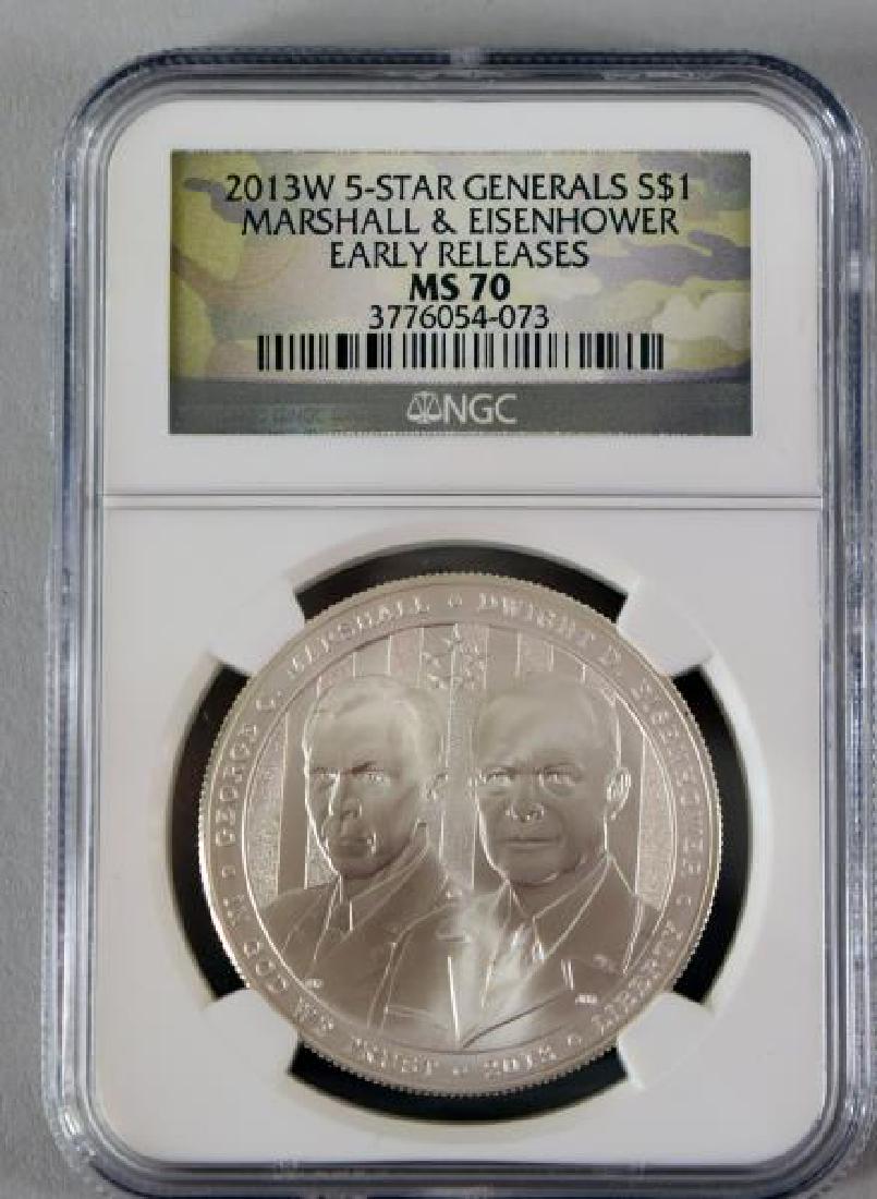 2013 P Eisenhower & Marshal $1 Silver Coin: Featuring The George C Marshall And Dwight D Eisenhower U. S. Army Command And General Stall College, Silver $1 Coin. Ngc, Ms 70.
