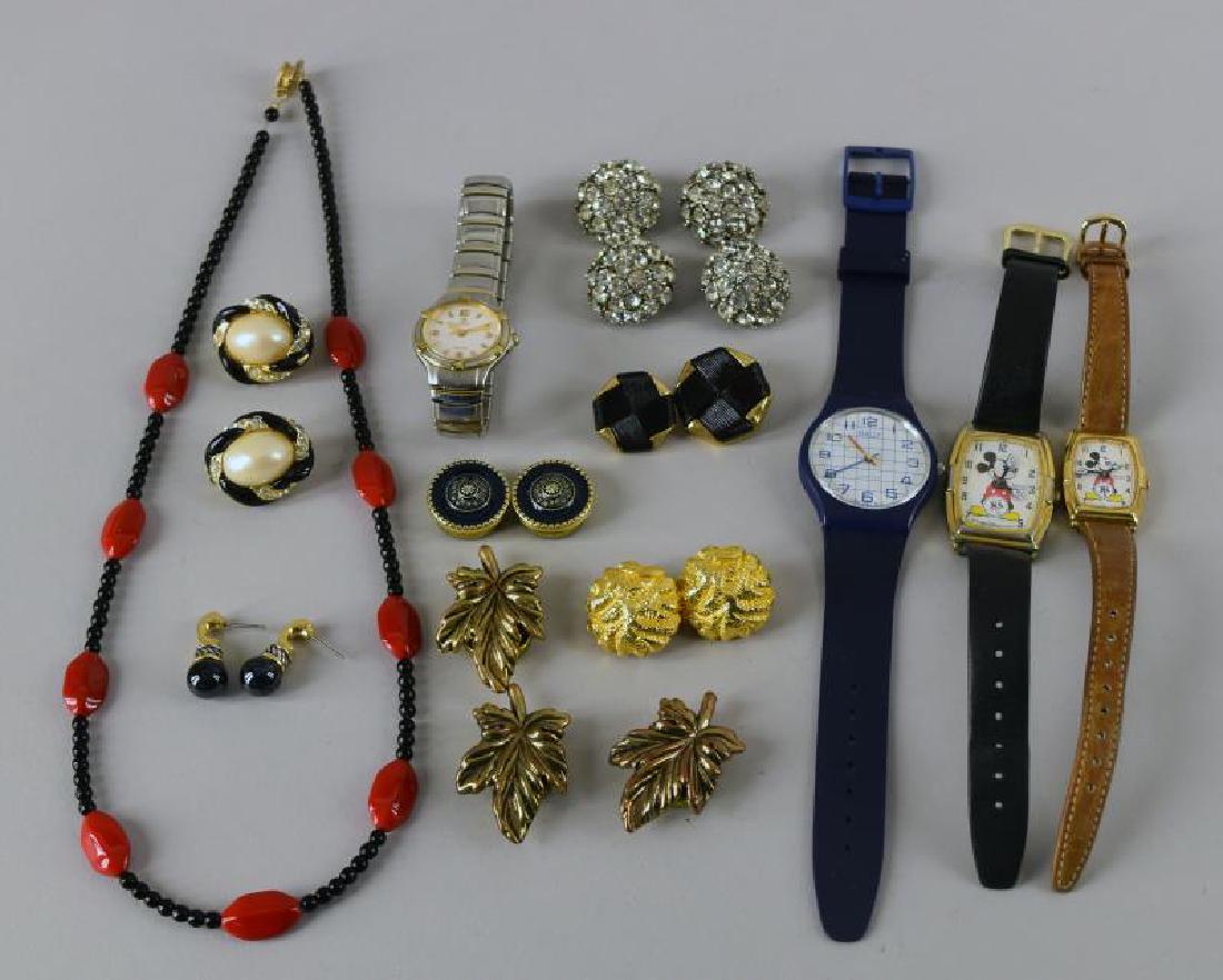 Group Of Watches And Jewelry: Consisting Of Two Mickey Mouse Seiko Watches, A Noblia Stainless Steel Watch, Rhinestone Buttons, Earrings Button Covers And A Necklace.