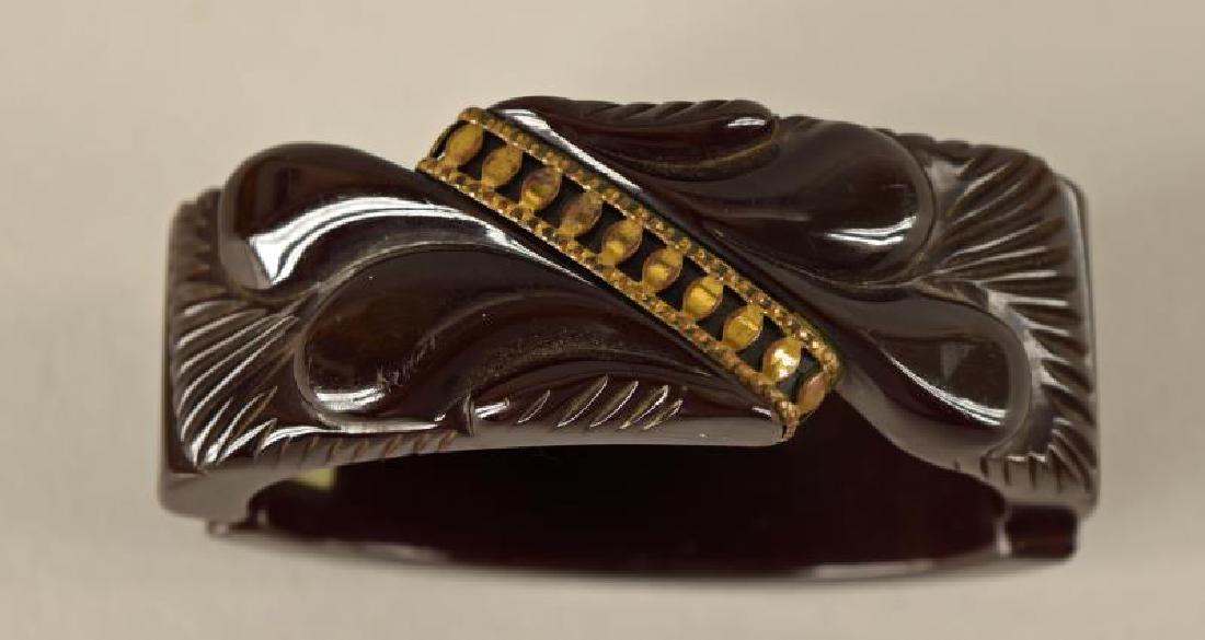 Carved Brown Bakelite Hinge Bracelet (1 of 1)