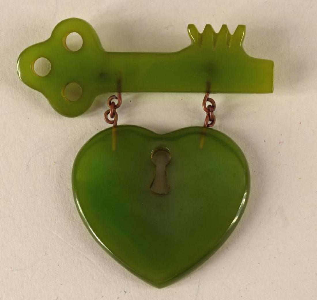 Green Bakelite Heart & Key Brooch Or Pin (1 of 2)