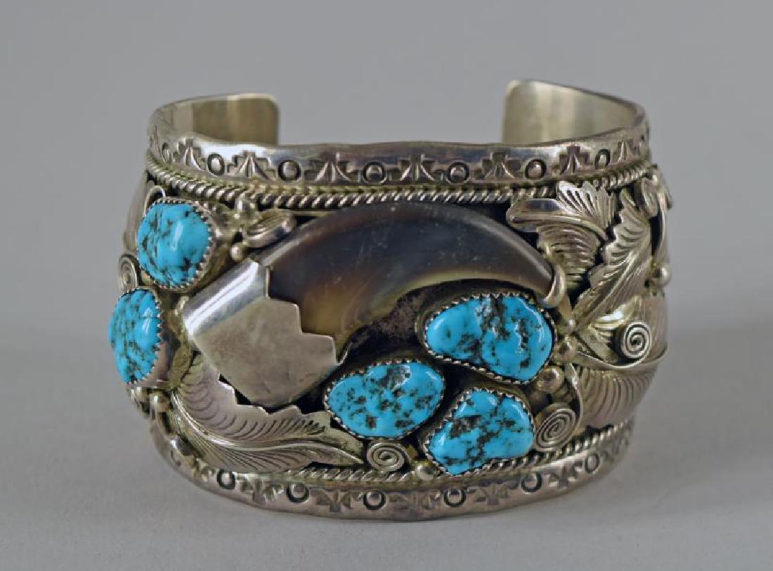 Navajo Sterling, Turquoise And Bear Claw Bracelet (1 of 4)