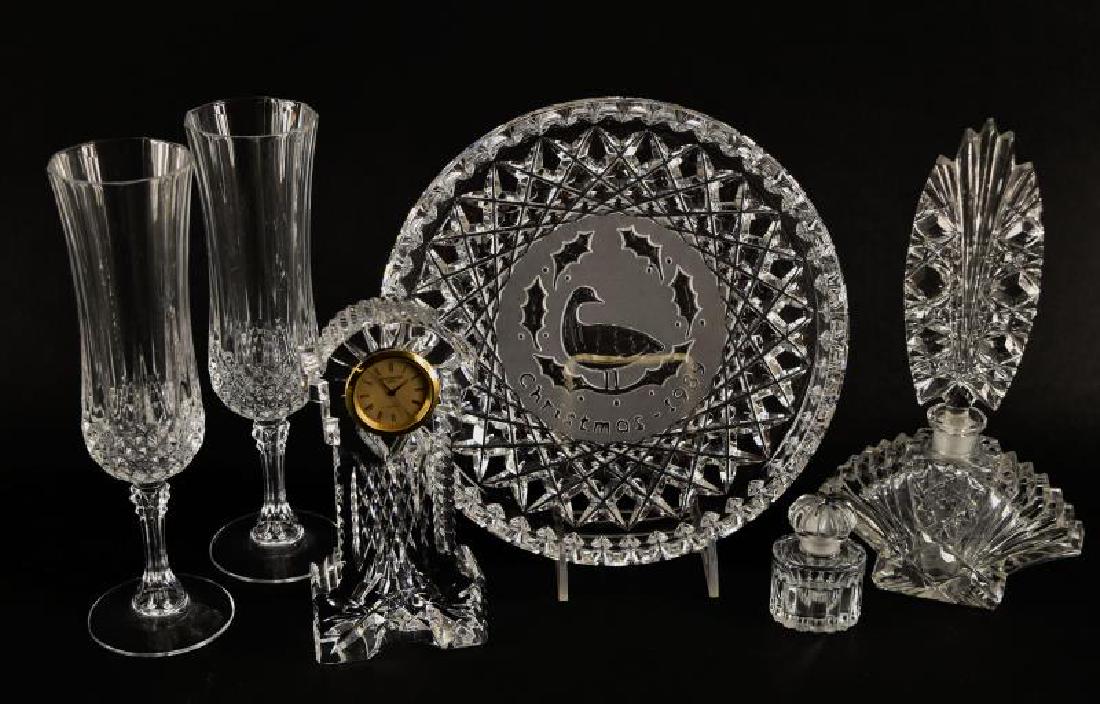 Waterford Crystal Desk Clock: Together With Two Leaded Crystal Champaign Flutes, A Czech Perfume Bottle, A 1989 Waterford Christmas Plate And A Balenciaga French Perfume Bottle.
