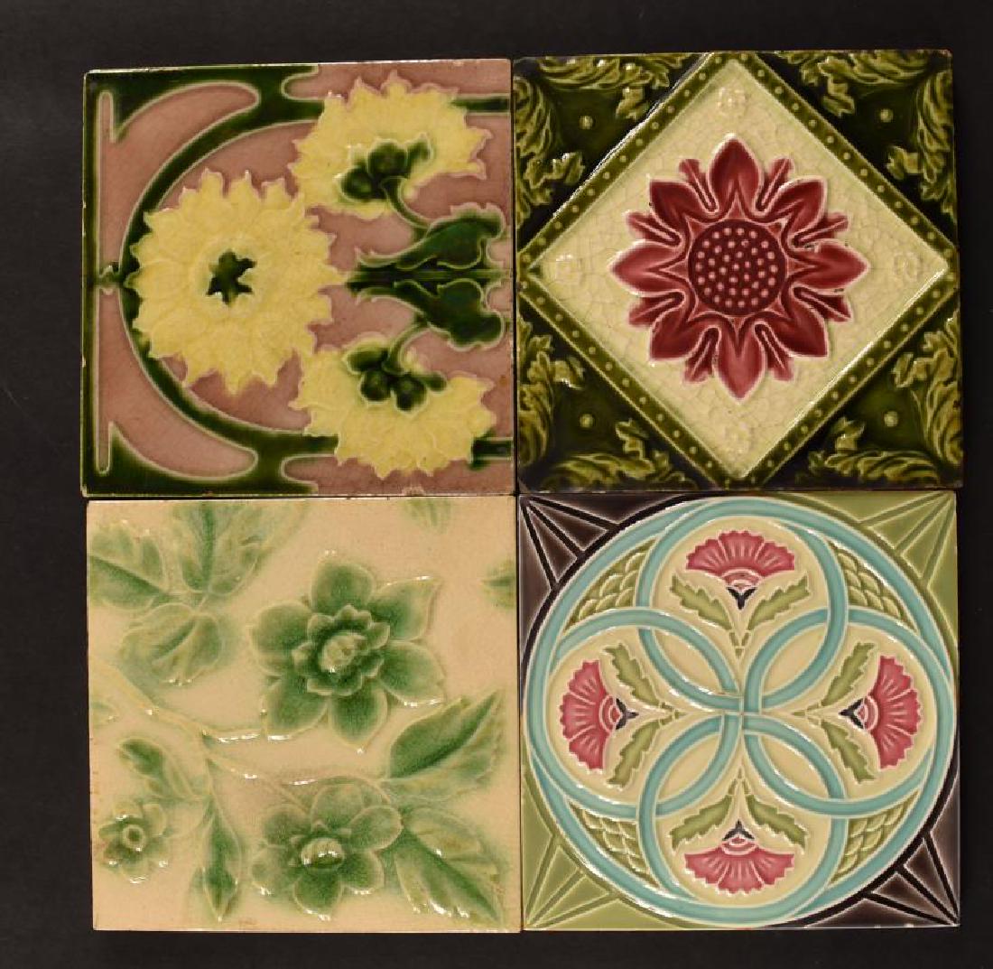 English Majolica Decorative Tiles: Featuring Three English Tiles, One Marked England, One Marked Rd No184285 And One Unmarked. The Last Tile Is Marked Japan. All The Tiles Are In Very Good Condition, No Nicks, Chips Or Cracks And Measu