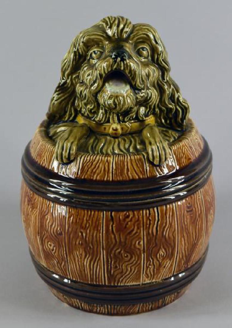 Majolica Dog In A Barrel Humidor Or Tobacco Jar: The Humidor Measures 8" Tall And 5" Across. It Is In Excellent Condition, No Nicks, Chips Or Cracks.