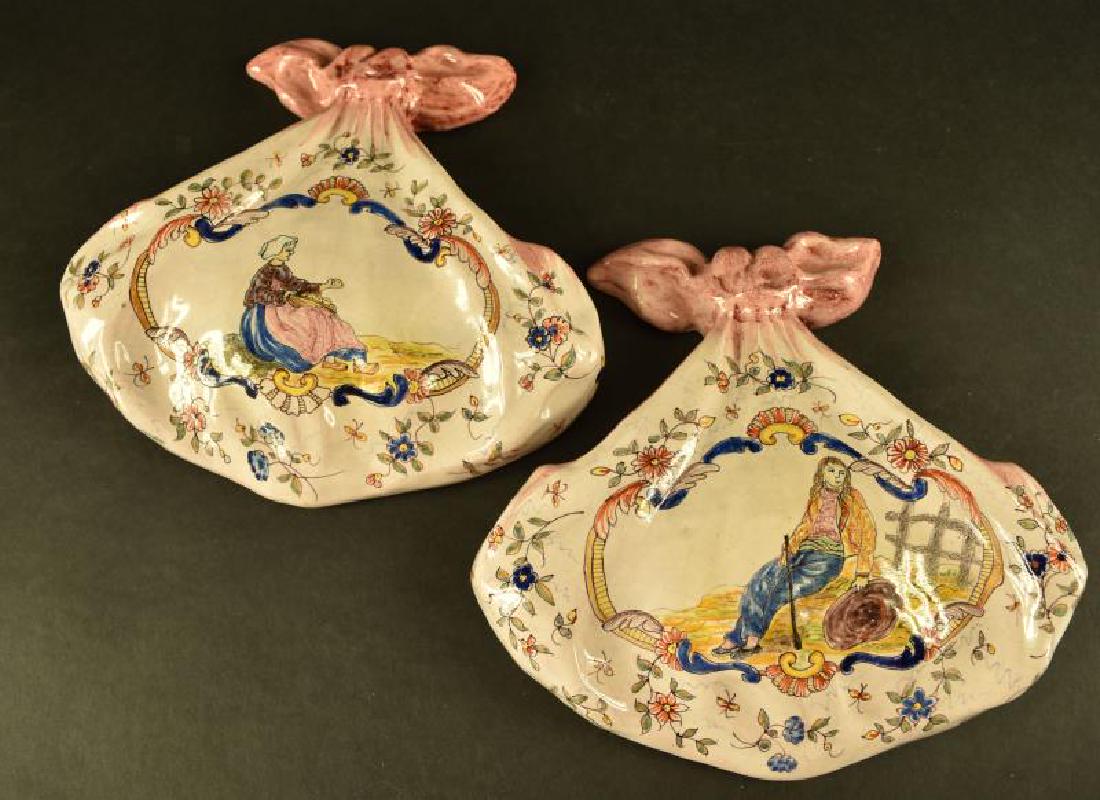 Pair Of Quimper Faience Wall Pockets: Featuring A Man And Woman With The Wall Pocket Shaped Like Scarves. The Wall Pockets Measure 9,5" Long And 10" Across. Both Are In Good Condition, No Nicks, Chips Or Cracks.