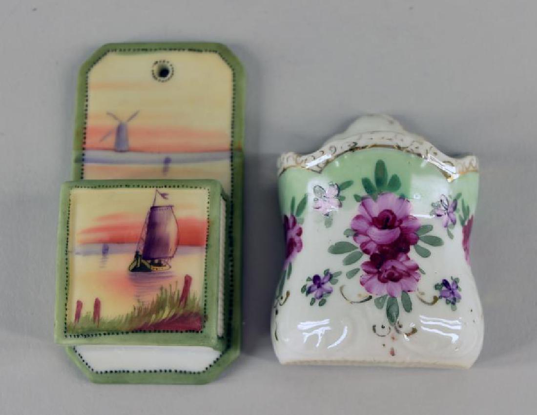 Nippon Hand Painted Match Holder & Striker: Depicting A Boat On A Lake With A Windmill In The Background. Together With Another Porcelain Unmarked Match Holder And Striker. The Nippon Measures 4.25" X 2.25". Both Are In Good Condition, No Nicks