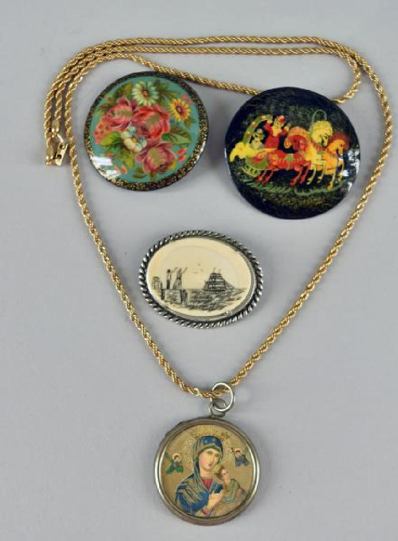 Group Of Russian Style Painted Pins: Consisting Of Two Painted Pins, A Scrimshaw Pin And A Madonna Pendant On A Gold Tone Chain Marked Swarovski.