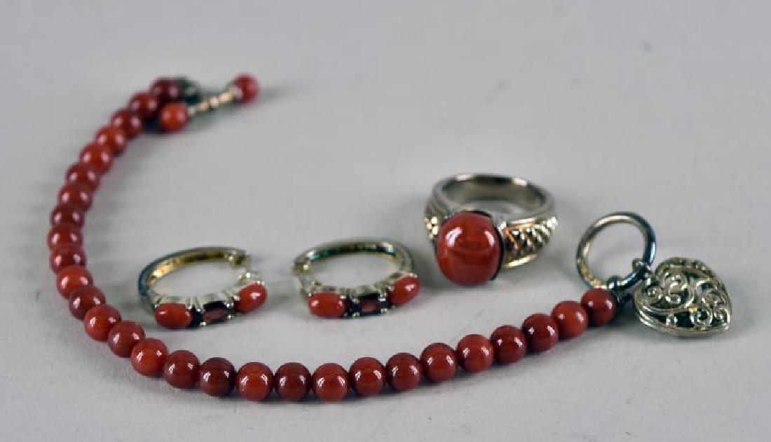 Sterling & Carnelian Jewelry: Featuring A Pair Of Earrings, A Ring And A Bracelet.