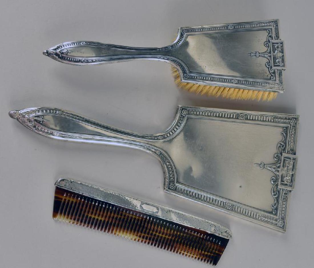 Gorham Sterling Silver Dresser Set: Featuring A Hand Mirror And Hair Brush Both Marked With The Gorham Hallmark. Along With A Wallace Sterling Silver Comb.