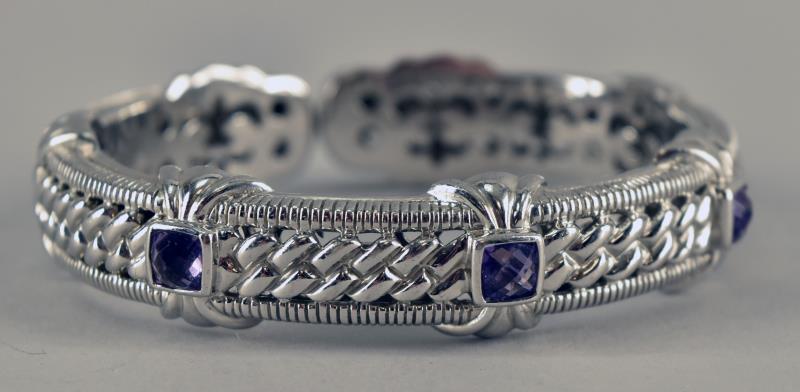 Judith Ripka Sterling & Amethyst Hinge Bracelet: Featuring A Twisted Sterling Bracelet With 3 Cushion Cut Amethysts. The Bracelet Measures 7.5" With A Hinge Opening.