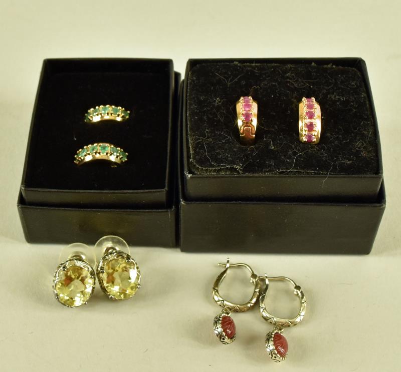 Technibond Ruby & Emerald Earrings: Featuring A Pair Of Emerald And A Pair Of Ruby Earrings, Both Gold Over Sterling With Created Emeralds And Rubies. Together With Two Pairs Of Sterling Earrings, One Pair With Carved Scarabs The Other
