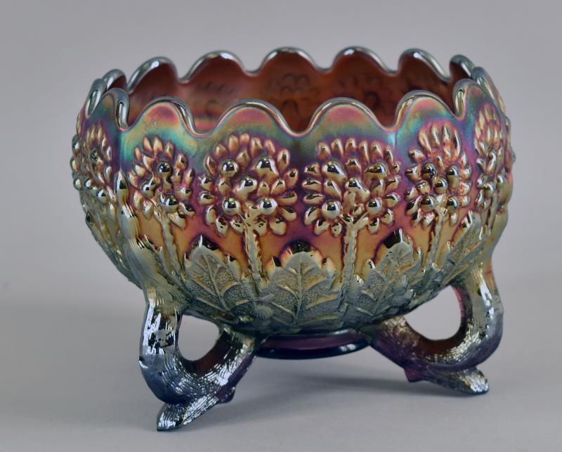 Fenton Flower's Carnival Glass Rosebowl: Featuring An Early Piece Of Fenton In Amethyst Carnival Glass With The Pattern Of Fenton Flower's. The Rose Bowl Is An Earlier Piece, Measuring 4" Tall And 5.5" Across, It's In Excellent Condition, No