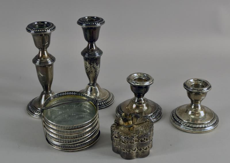 Sterling Silver Candlesticks & Coasters: Consisting Of Two Pairs Of Weighted Sterling Candlesticks, A Set Of Six Sterling And Glass Coasters In Holder And A Pierced Unmarked Box, Possibly Sterling Or Silver Plate, Not Marked. All The Pieces